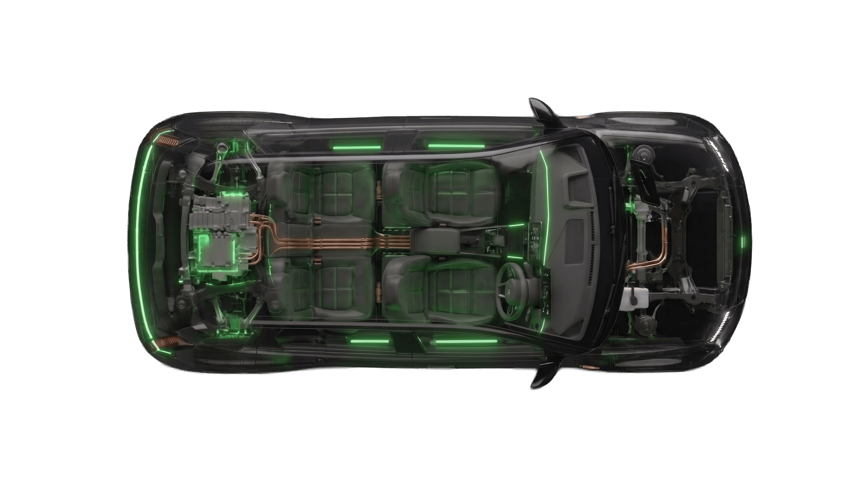 Top-down cutaway of the eMinus taxi showing its battery, drivetrain and seating layout