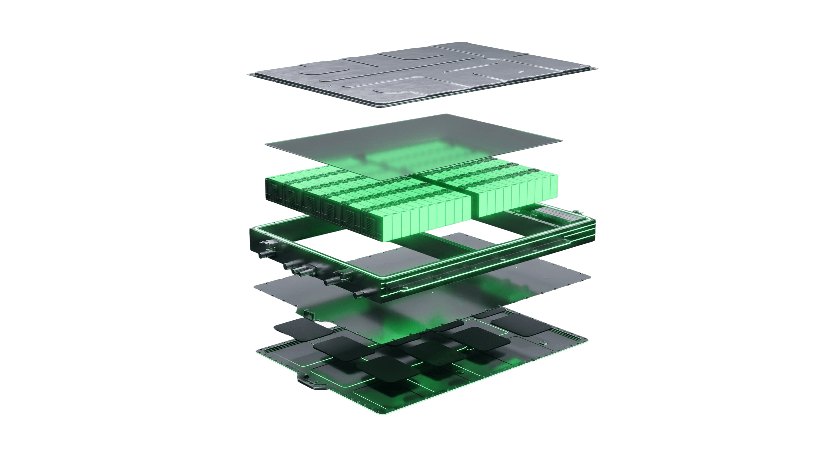 Exploded view of the eMinus battery pack, showing the cell modules between the upper and lower housings