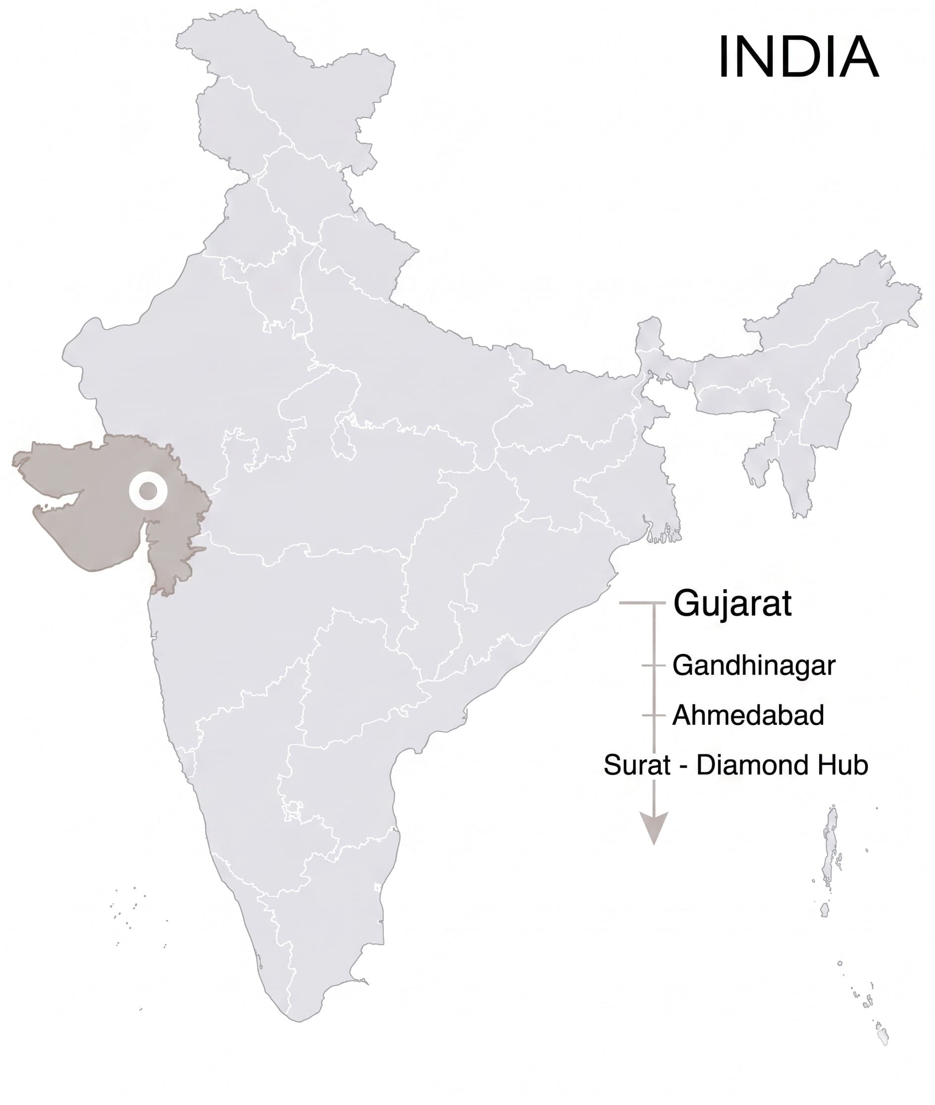 A map of western India with Gujarat picked out and eMinus's site marked