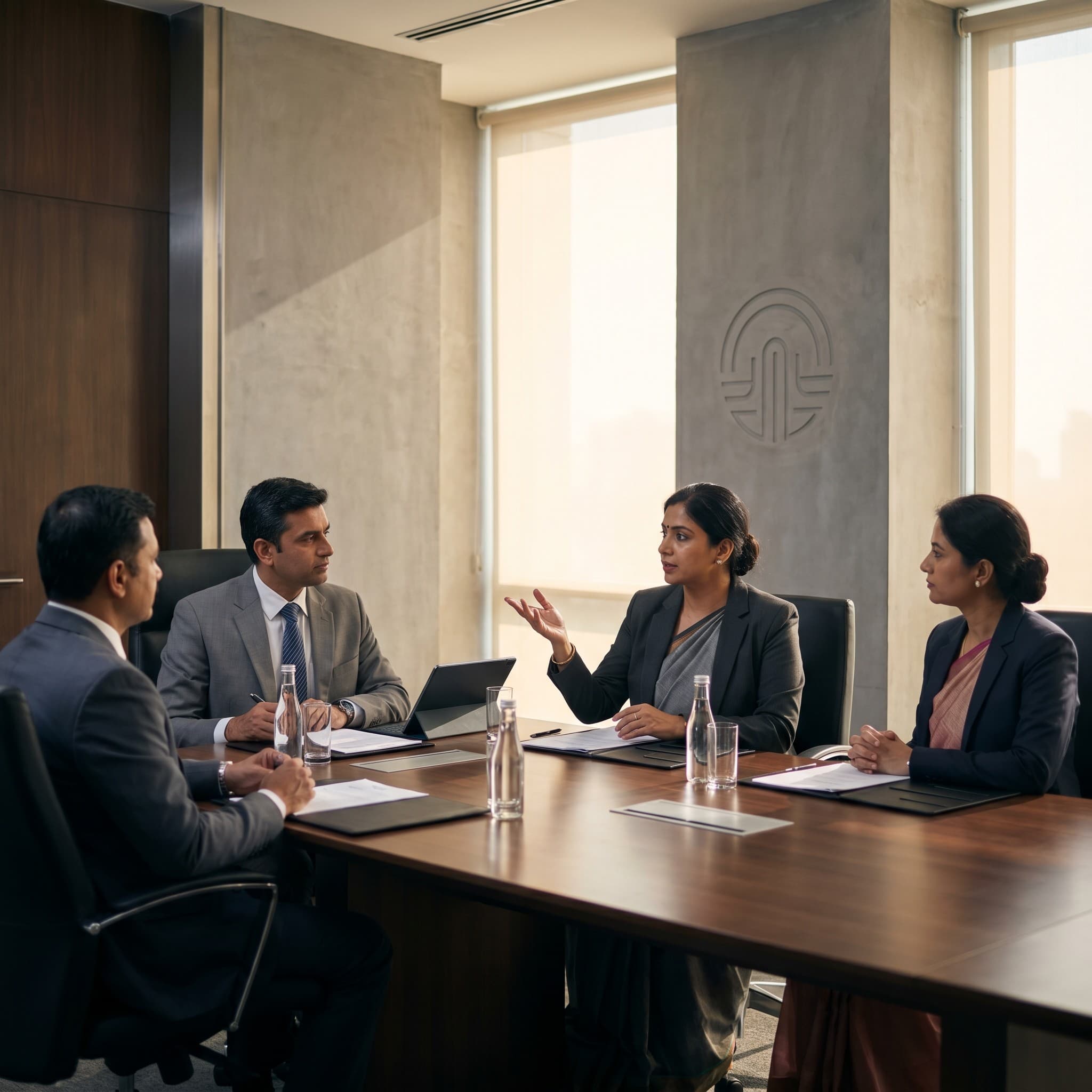 Four officials in discussion around a boardroom table