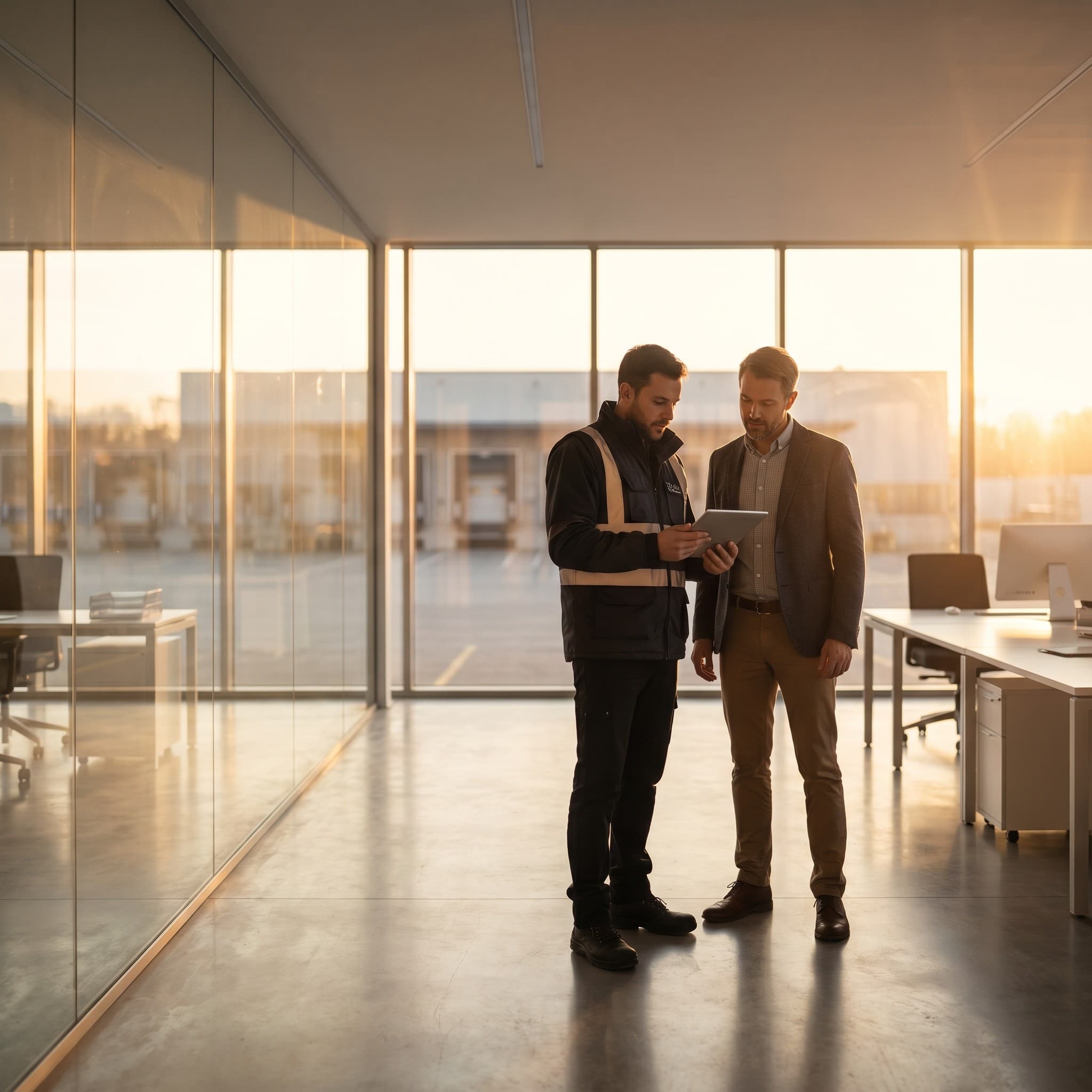 A supplier and a manager reviewing a tablet on the floor of a glass-walled logistics office at sunset