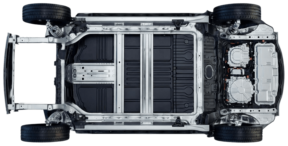 Underside view of the eMinus rolling chassis with its battery pack, motor and suspension