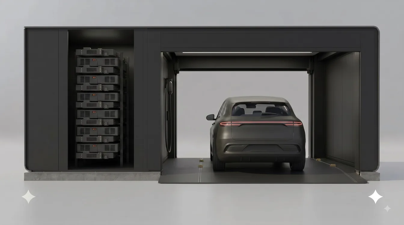 An eMinus battery swap station with a car pulled in alongside it