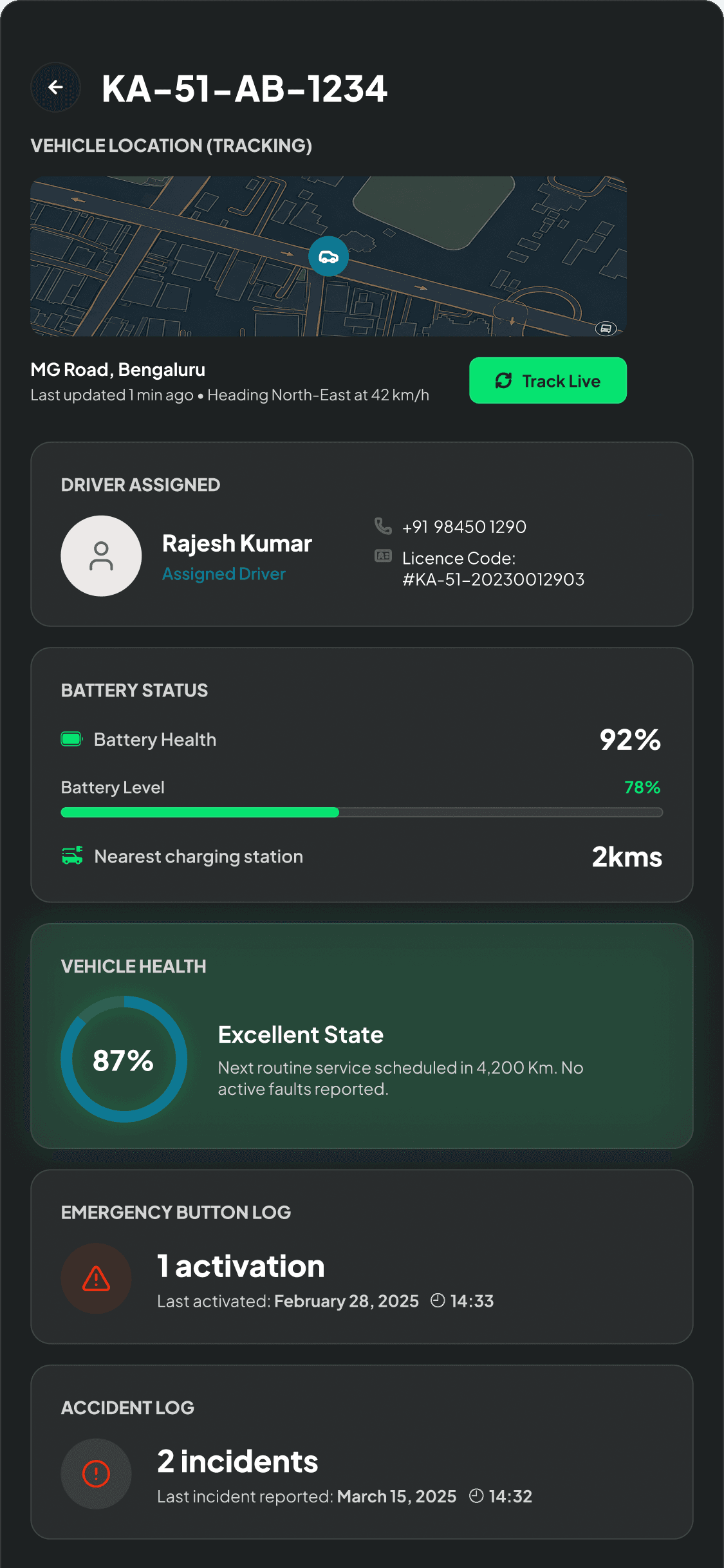 The eMinus fleet OS on a phone, showing a vehicle's live location, assigned driver, battery status, health gauge and incident logs