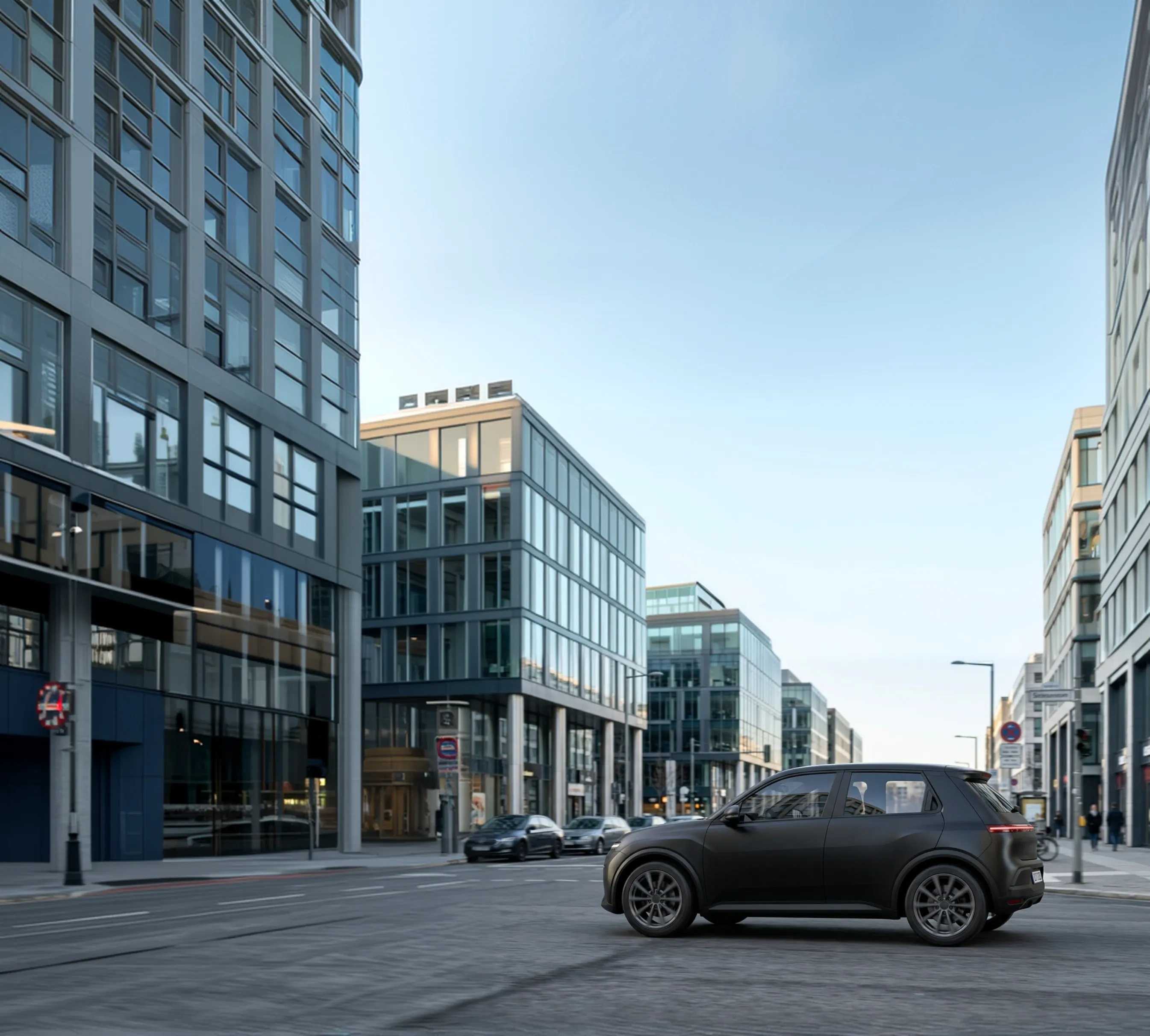 An eMinus on a city street, offices and traffic behind it